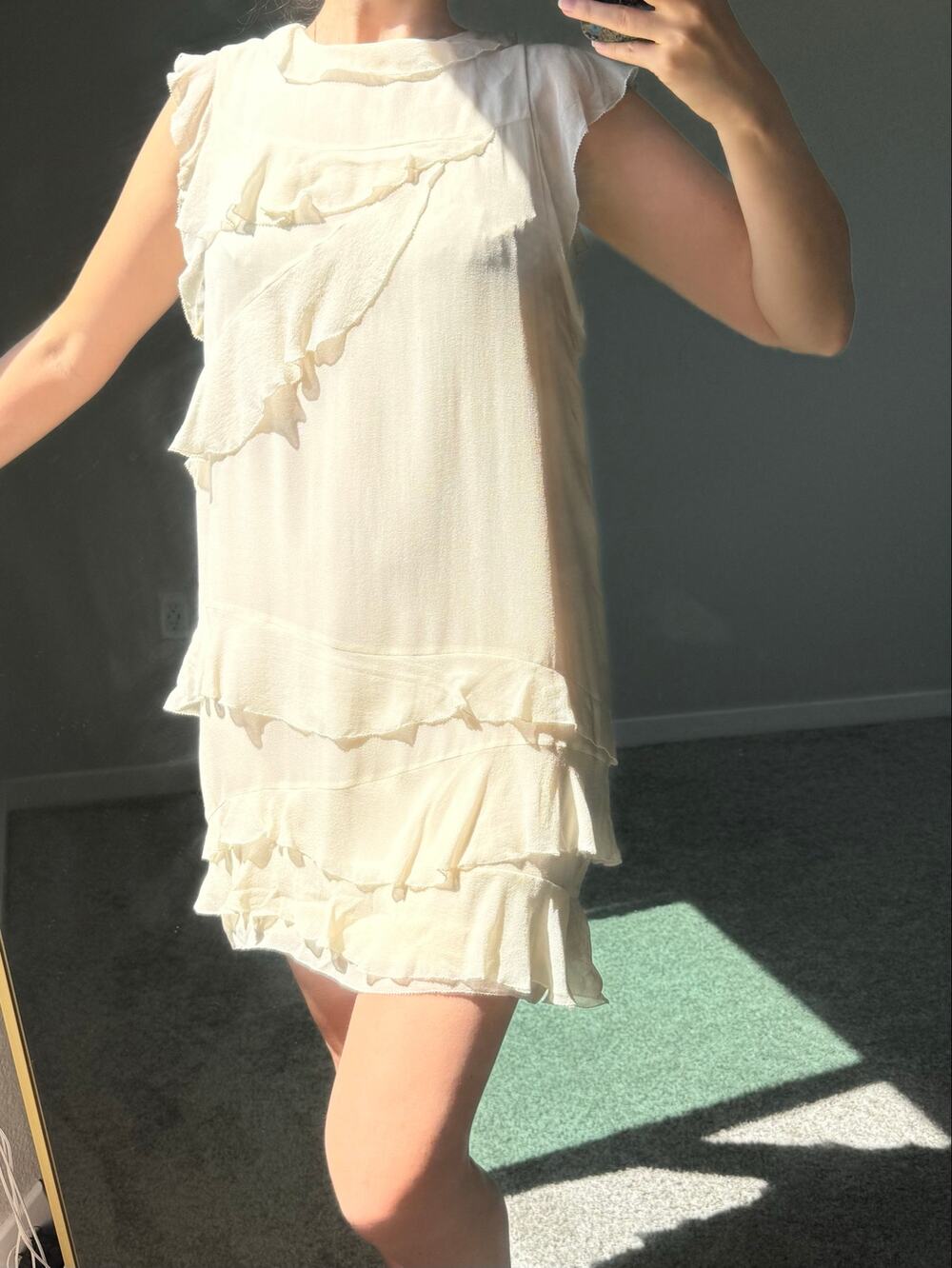 3.1 Phillip Lim 100% Silk Ruffle Shift Dress Ivory Cream Sleeveless 6 Old Money